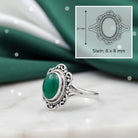 [KI] grüner Onyxring aus Silber mit Maßangaben zu Ring und Edelstein